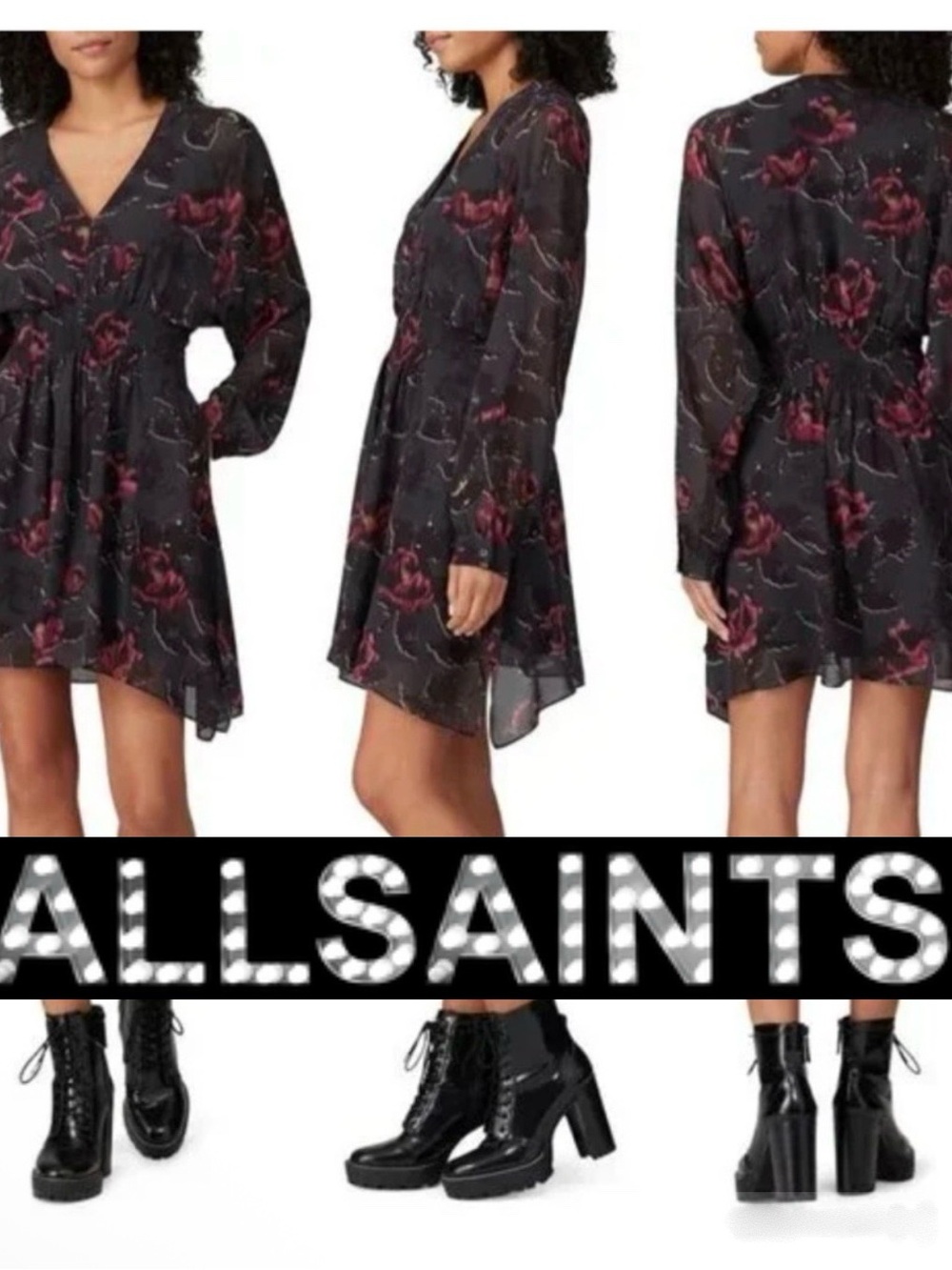 AllSaints Black and Red Floral Dress NWOT - Picture 1 of 7